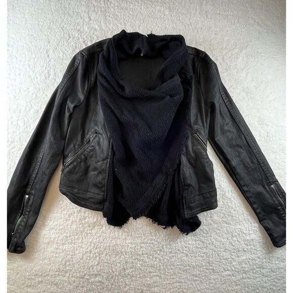 Free People Jacket Womens 4 Black Waxed Denim Drape Zipped Lagenlook Biker Edgy - Picture 1 of 12